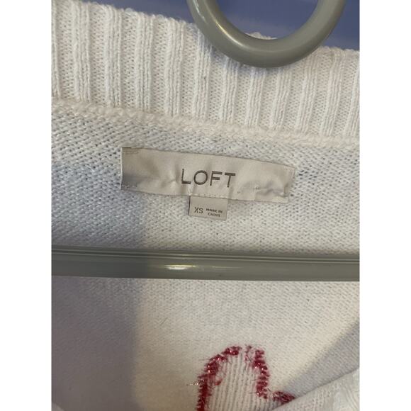 LOFT White Boatneck Sparkle Heart Sweater Hollidays preppy XS - Picture 2 of 6
